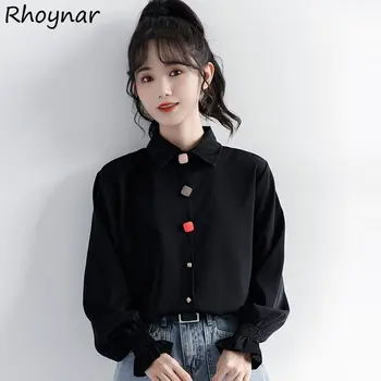 Siyah Gömlek Kadın Temper Baggy S-3XL Kore Moda Giyim Parlama Kollu Estetik Kişisel Tasarımcı Tüm Maç Camisas Eğlence