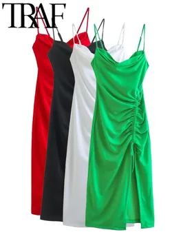 TRAF kadın Elbise 2023 Yaz Yeni Moda Seksi Bayan Parti Mini Elbise Siyah Pilili Etek Kolsuz Yeşil Bölünmüş Kaşkorse Elbise