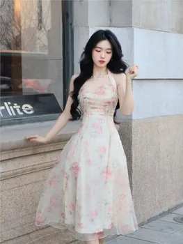 Yaz Baskı Tatlı Zarif Elbise Kadınlar Casual Vintage Akşam Parti Midi Elbise Kadın Prenses Kore Dantel-up boyundan bağlamalı elbise 2023