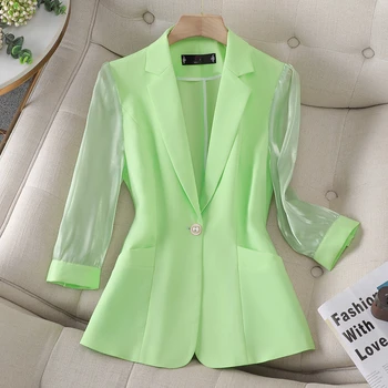 2023 Kadın İlkbahar Yaz Örgü Üç çeyrek Kollu Patchwork Şeffaf Katı Kadın Giyim Yeni Moda Blazer Ceket