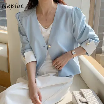 Neploe Nazik Zarif Casaco Feminino 2023 Bahar Yumuşak Süt Mavi Renk V Yaka Bir Düğme Gevşek Üç Çeyrek Kollu Takım Elbise Ceket