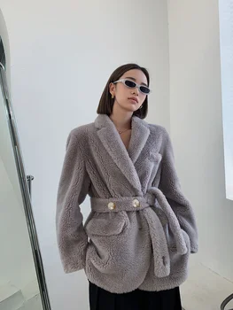 OFTBUY 2022 Kış Ceket Kadınlar Doğal Örgü Yün Kürk Gerçek Kürk Ceket Blazer Kemer Kalın Sıcak Giyim Streetwear Kore Lüks