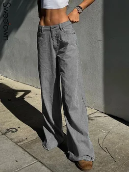 Sweetown Kore Moda Klasik Şerit Şalvar Kot Kadınlar İçin Düşük Belli Düz Bacak Kot pantolon Sokak Stili Jean Pantolon