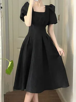 Ilk Aşk siyah elbise Kadın Bayan Zarif Puf Kollu Yüksek Bel Ulzzang A-line Elbiseler Yaz Kore Moda Şık Etek Vestido