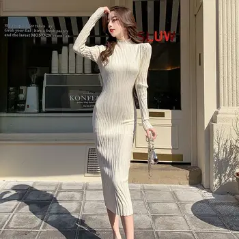 Sıcak Sonbahar Kış Düz Kazak Elbise Sıcak Kadın Kazak Elbise Temel Triko Kadın Gevşek Midi Elbise Kadın Rahat F22