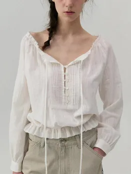 Kadınlar Uzun Kollu Casual Katı Renk Bluz 2023 Yaz Yeni Kadın Dantel-Up Tek Göğüslü Pamuklu Dantel O-Boyun Gömlek
