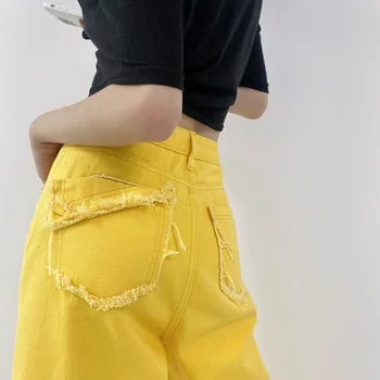 Sarı Kot Kadın Yaz Şalvar Kot Yüksek Bel Yırtık Kot Düz Geniş Bacak Pantolon Pantalon Vintage Mujer