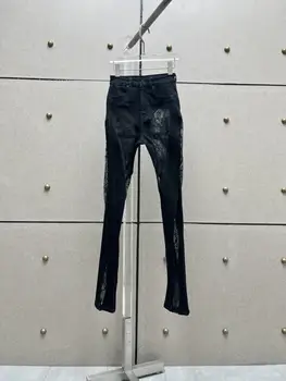 Siyah dantel patchwork kot pantolon
