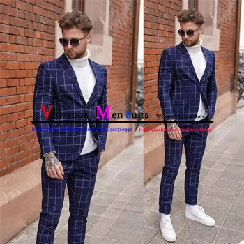 Klasik Ekose Erkek Takım Elbise Smokin Tailor-Made Çentikli Yaka Lacivert Blazer Casual Günlük İş 2 Parça Takım Elbise (Ceket + Pantolon)