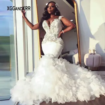 Yeni Afrika Mermaid düğün elbisesi 2023 Sevgiliye Fırfır Kraliyet Tren Siyah Gelin Örgün Parti Boncuk Örgün gelin kıyafeti Pageant
