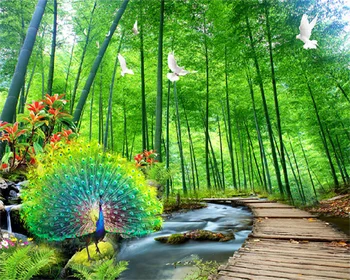 Özel Duvar Kağıdı Bambu Orman Tavuskuşu Nehir Uçan Kuşlar 3D Stereo TV Kanepe Arka Plan Duvar Dekoratif Tablolar Ev Duvar Resimleri